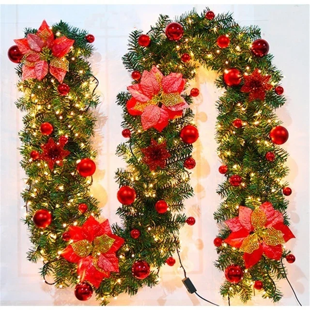 Festão de Natal com Kit led, bolas e flores vermelhas - 6 metros